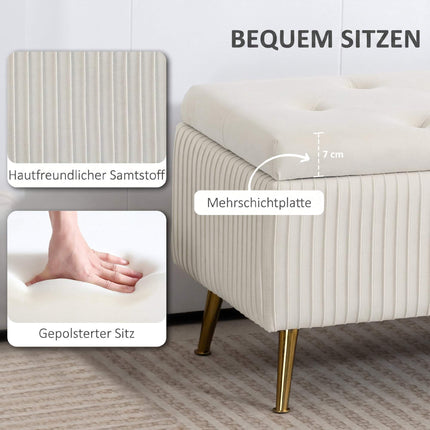 Banc de rangement aspect velours, pieds dorés, capacité 79 L