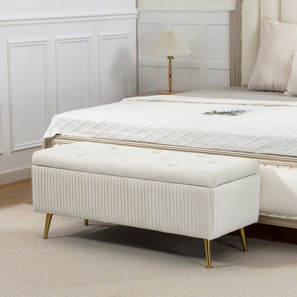 Banc de rangement aspect velours, pieds dorés, capacité 79 L