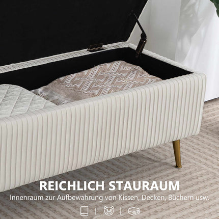 Banc de rangement aspect velours, pieds dorés, capacité 79 L