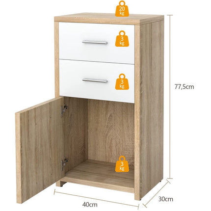 Armoire de rangement, 2 tiroirs et une porte, 40 x 30 x 77,5 cm