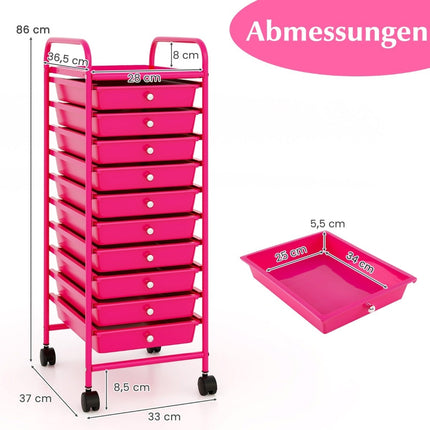 Chariot de rangement à 10 tiroirs, rose vif, 33 x 37 x 86 cm