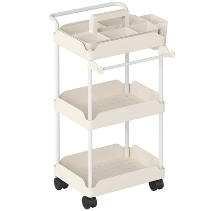 Chariot de rangement avec 3 paniers, porte-serviettes, roulettes, blanc