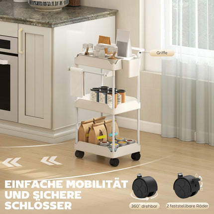 Chariot de rangement avec 3 paniers, porte-serviettes, roulettes, blanc