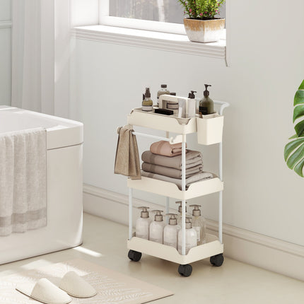 Chariot de rangement avec 3 paniers, porte-serviettes, roulettes, blanc