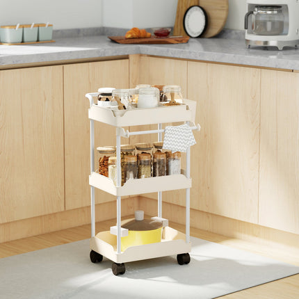 Chariot de rangement avec 3 paniers, porte-serviettes, roulettes, blanc