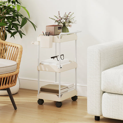 Chariot de rangement avec 3 paniers, porte-serviettes, roulettes, blanc