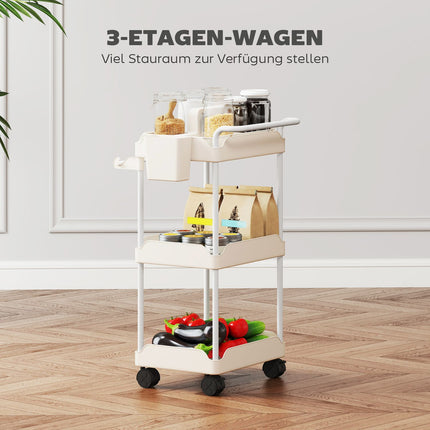 Chariot de rangement avec 3 paniers, porte-serviettes, roulettes, blanc