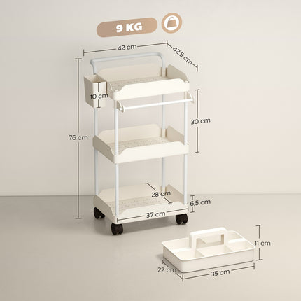 Chariot de rangement avec 3 paniers, porte-serviettes, roulettes, blanc