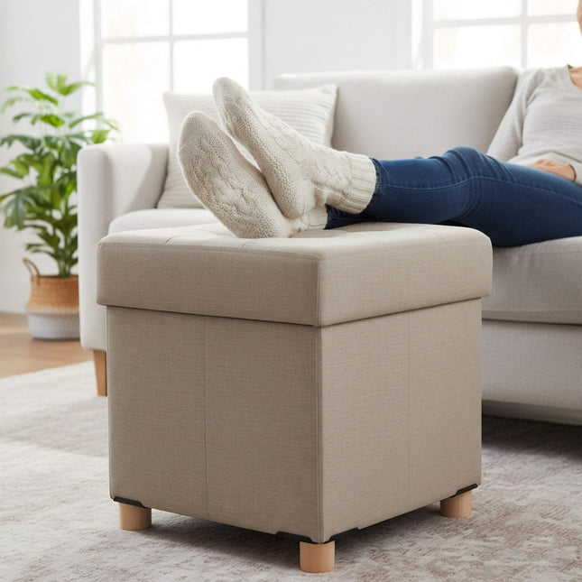 Aufbewahrungshocker mit gepolstertem Sitz und Holzbeinen