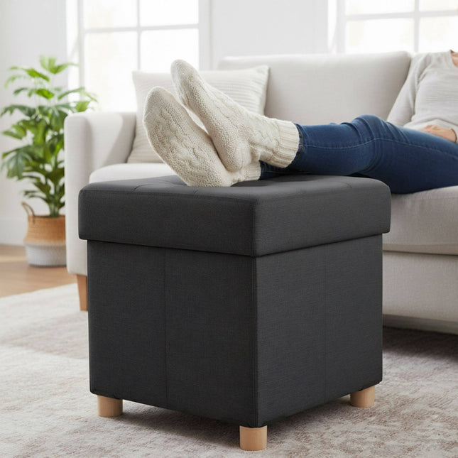 Tabouret cube de rangement avec assise rembourrée et pieds en bois