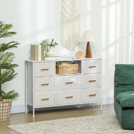 Commode de rangement avec 8 tiroirs en tissu, structure en acier, couleur crème