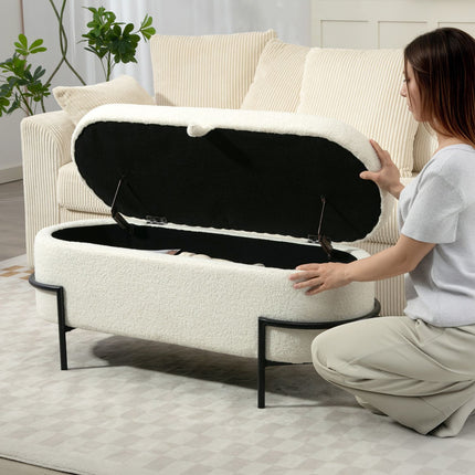 Pouf de rangement, polaire crème, pieds en acier