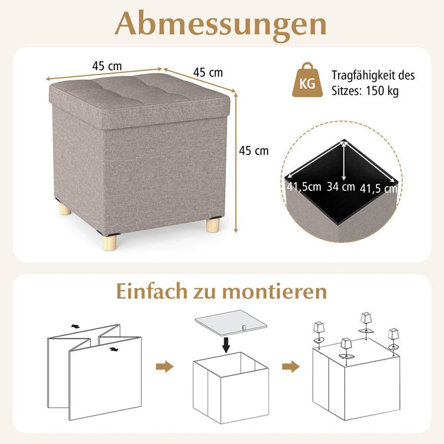 Pouf de rangement en lin, 53,5 L, gris, 45 x 45 x 45 cm