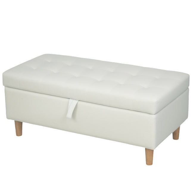 Pouf de rangement en tissu doux, pieds en bois, blanc crème