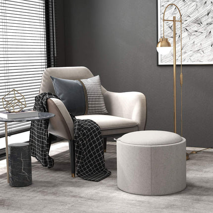 Pouf de rangement avec plateau, gris clair, aspect lin, 56 x 56 x 42 cm