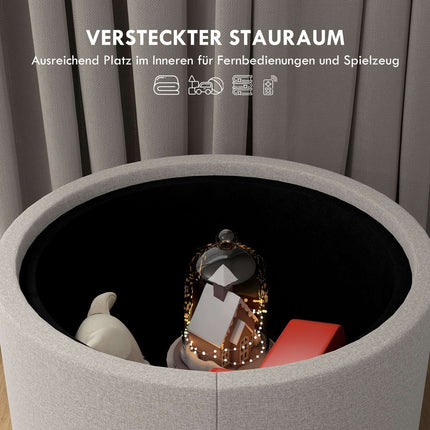 Pouf de rangement avec plateau, gris clair, aspect lin, 56 x 56 x 42 cm