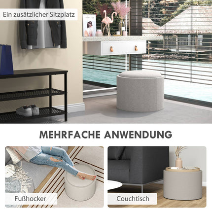 Pouf de rangement avec plateau, gris clair, aspect lin, 56 x 56 x 42 cm