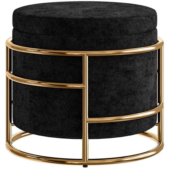 Pouf de rangement en velours, noir, cadre en métal doré