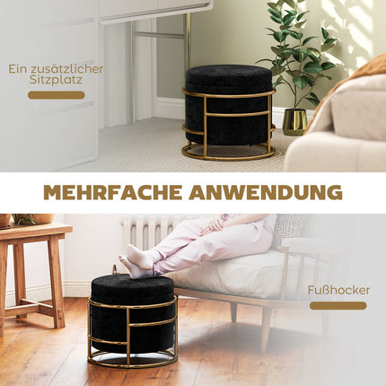 Aufbewahrungsottomane aus Samt, Schwarz, Goldfarbenes Metallgestell
