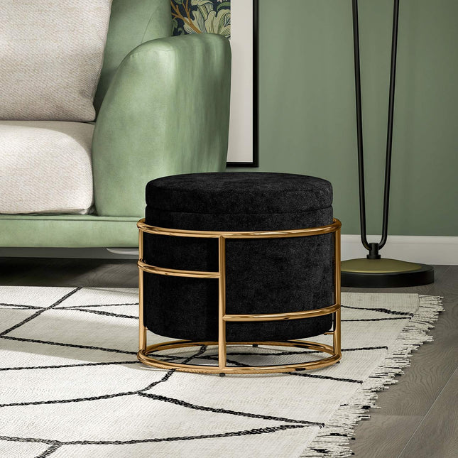 Pouf de rangement en velours, noir, cadre en métal doré