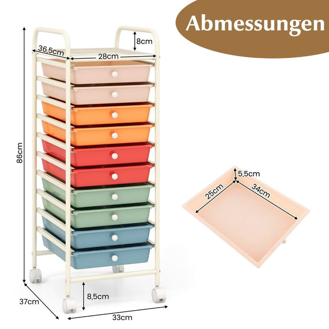 Chariot de rangement avec 10 tiroirs en plastique empilables