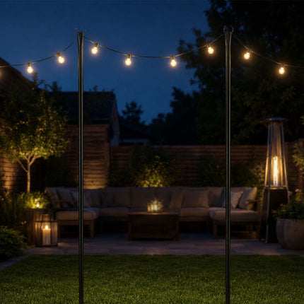 String Light Poles 3 m for Outdoor Fairy Lights, Black Powder-Coated Iron