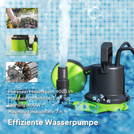 Pompe à eau submersible avec interrupteur à flotteur, 400 W, 9 000 l/h