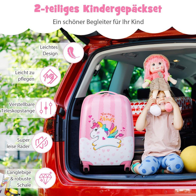 Set de valises 2 pièces licorne 16'' valise enfant + sac à dos 12'' rose