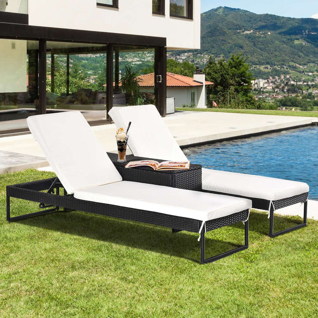 Verstellbare Sonnenliegen-Set: 3-teilig, Rattan & Polyester, schwarz/creme