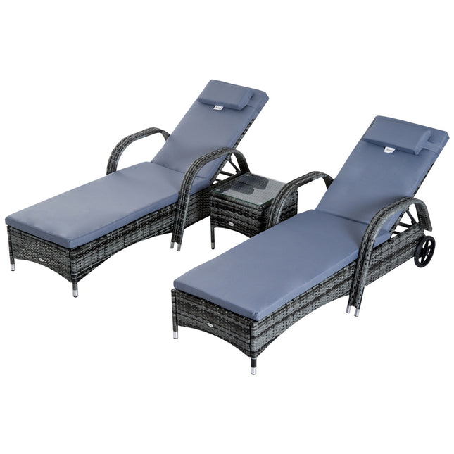 Garten-Sonnenliegen-Set, 3-teilig, grau, Polyrattan & Metall