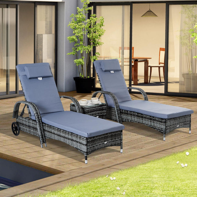 Garten-Sonnenliegen-Set, 3-teilig, grau, Polyrattan & Metall
