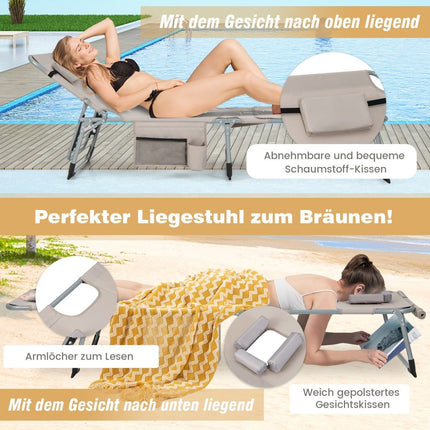 Sonnenliege mit Gesichtsöffnung &amp; verstellbarer Rückenlehne &amp; Fußstütze, klappbare Gartenliege, Beige