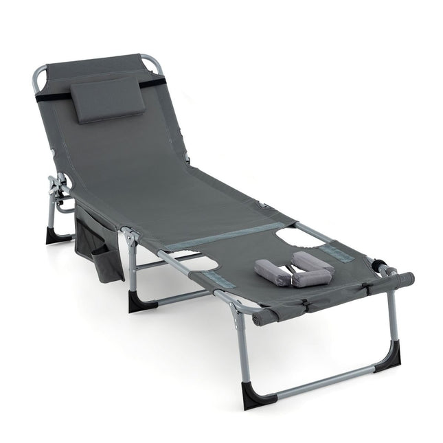 Chaise longue de jardin pliable avec ouverture pour le visage, dossier et repose-pieds réglables, gris
