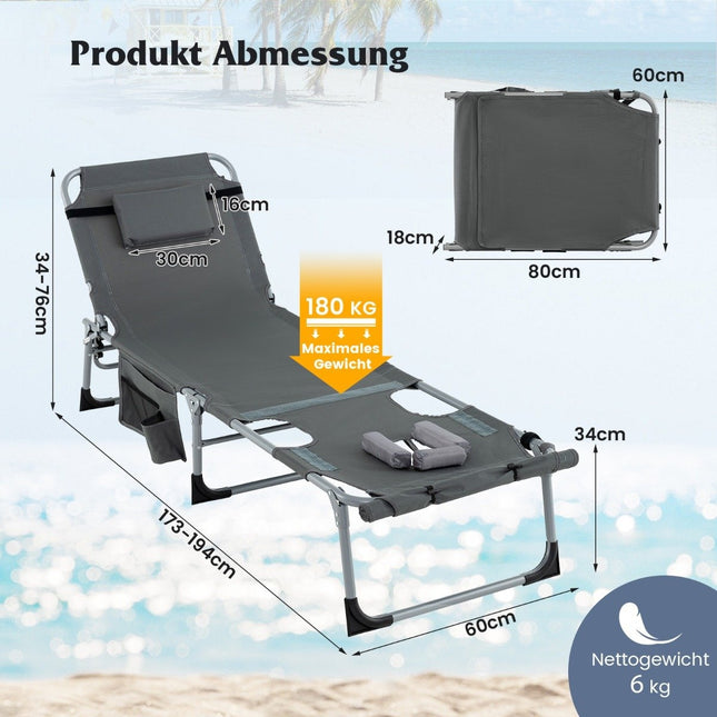 Chaise longue de jardin pliable avec ouverture pour le visage, dossier et repose-pieds réglables, gris