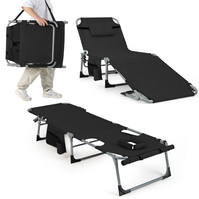 Chaise longue de jardin pliable avec ouverture du visage, dossier réglable et repose-pieds, noir