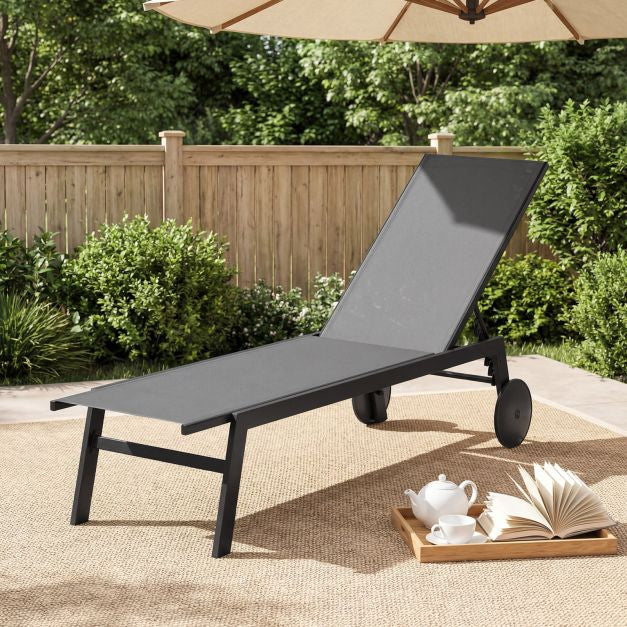 Bain de soleil à roulettes, dossier réglable, gris