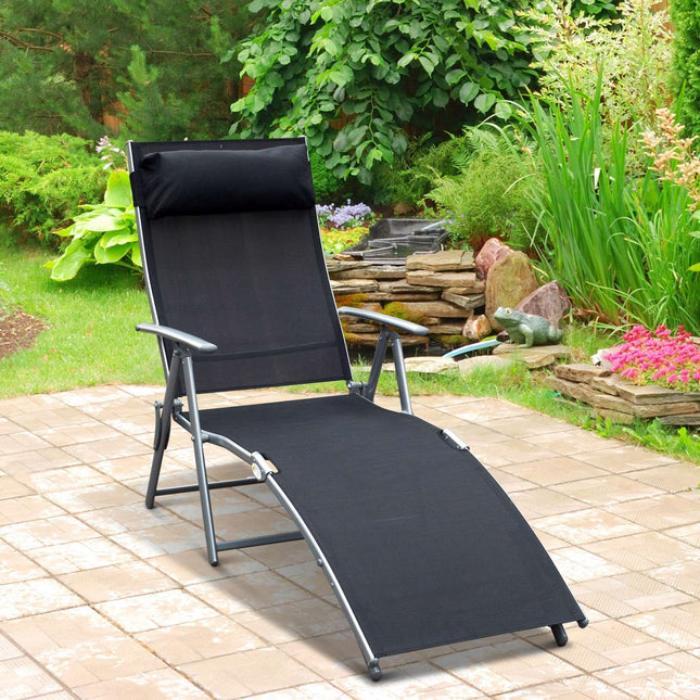 Klappbarer Strandstuhl mit Kissen, schwarzes Metall und Stoff