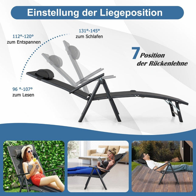 Bain de soleil transat de jardin avec appui-tête 7 dossiers réglables noir
