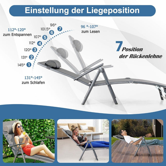 Sonnenliege Gartenliege mit Kopfstütze 7 verstellbare Rückenlehnen grau