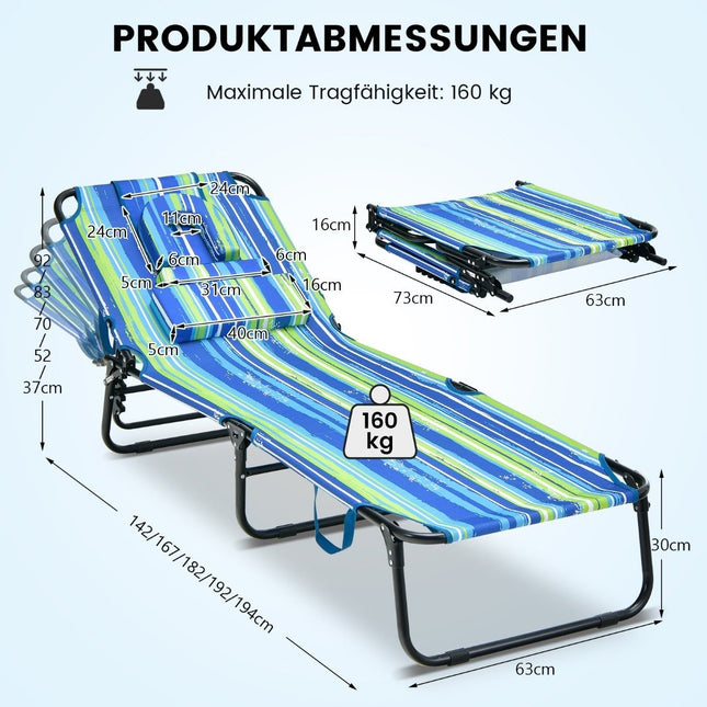Bain de soleil avec chaise longue de jardin pliante ouvrant sur le visage avec 3 coussins amovibles bleu-vert