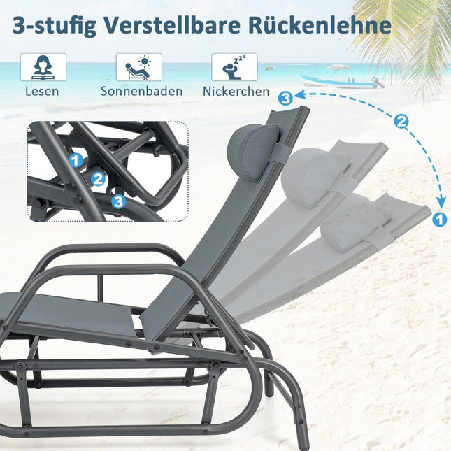 Sonnenliege mit Wippfunktion, Gartenliege mit verstellbarer Rückenlehne, grau