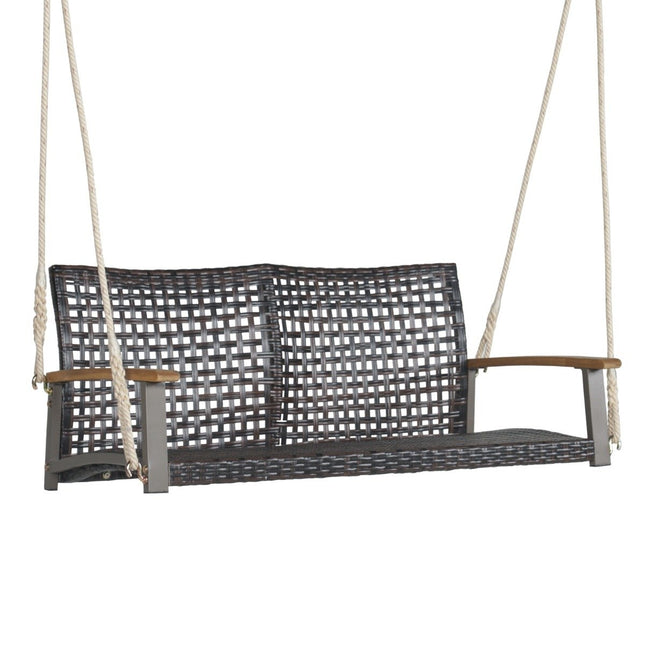 Swing bench for outdoor hanging bench made of PE rattan with 2 ropes 131 x 68 x 54 cm