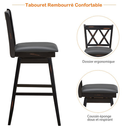 Ensemble de 2 tabourets de bar pivotants, en bois d'hévéa, assise en PVC