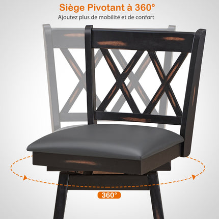 Ensemble de 2 tabourets de bar pivotants, en bois d'hévéa, assise en PVC