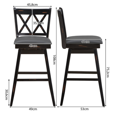 Ensemble de 2 tabourets de bar pivotants, en bois d'hévéa, assise en PVC