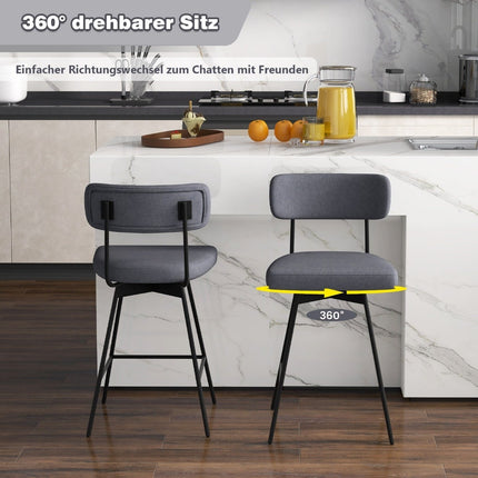 Drehbare Barhocker 2er-Set, gepolstert mit Rückenlehne & Fußstütze, Grau