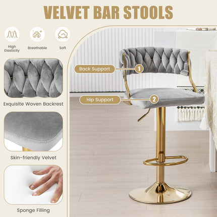 Ensemble de 2 tabourets de bar pivotants, dossier tissé, gris doré, 61-81 cm
