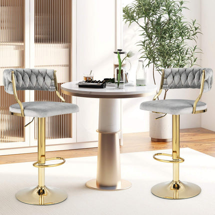 Ensemble de 2 tabourets de bar pivotants, dossier tissé, gris doré, 61-81 cm