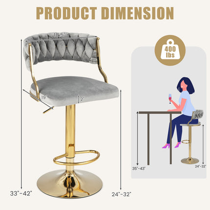 Ensemble de 2 tabourets de bar pivotants, dossier tissé, gris doré, 61-81 cm