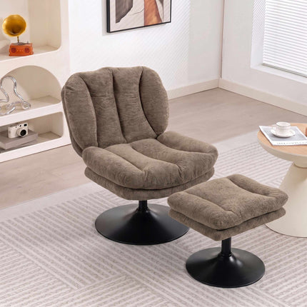 Swivel Lounge Chair with Height-Adjustable Footstool, Textured Velvet, Brown